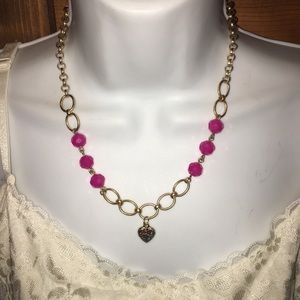 Pink beaded gold link necklace w heart dangle NWT